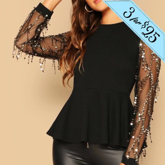 NEW IN BAG BOUTIQUE Tops - 3/$25💦 BLING Sequin Mesh Sleeve Peplum Top Blouse